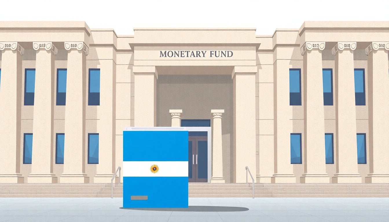 International Monetary Fund headquarters facade in Washington DC, stone columns and entrance, daylight, with an Argentine government document folder in foreground