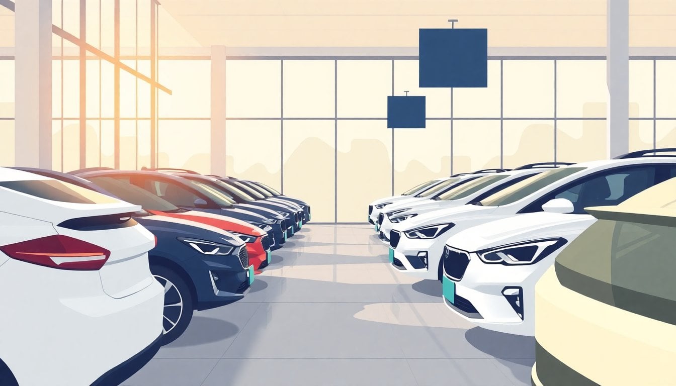 rows of electric and hybrid cars inside a modern car dealership showroom, glass windows, bright daylight, no people visible