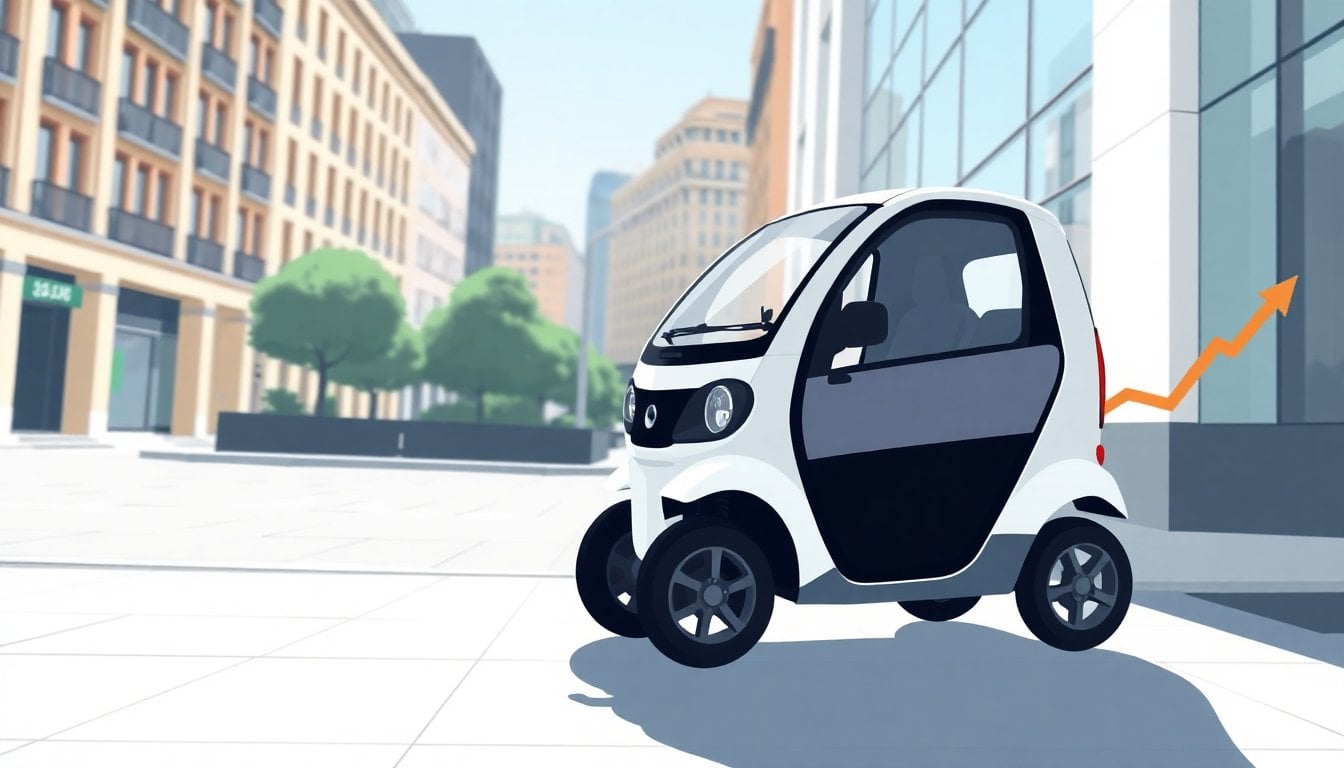 compact electric Chinese city car two-seater microcar urban street, small vehicle parked on Buenos Aires sidewalk, modern architecture background