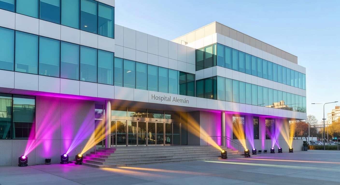 Hospital Alemán Buenos Aires exterior facade entrance daylight, modern medical building, no people in foreground