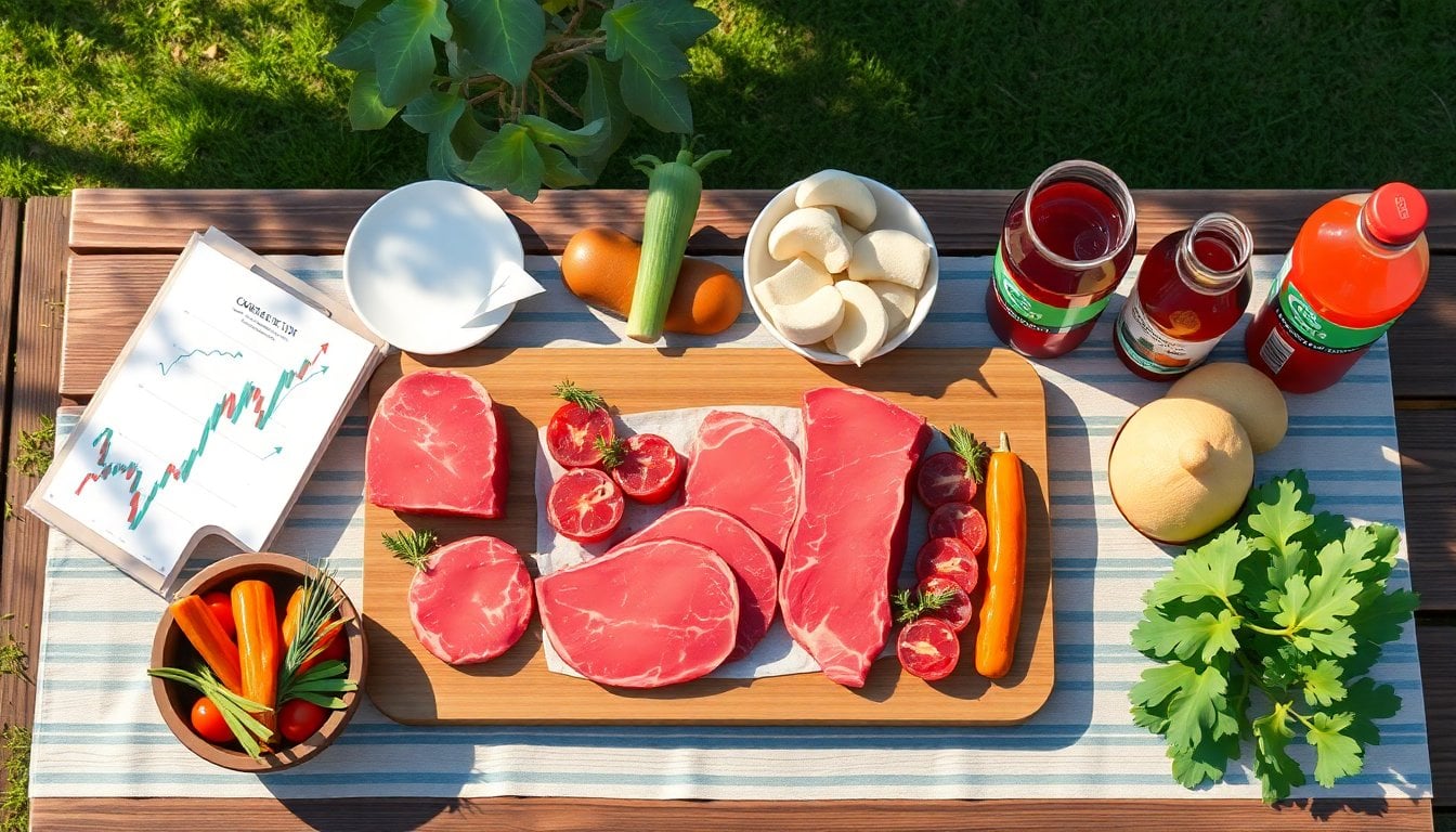 assorted beef cuts, vegetables, bread, charcoal and soda arranged on a picnic table in an Argentine barbecue setting, overhead view, natural daylight