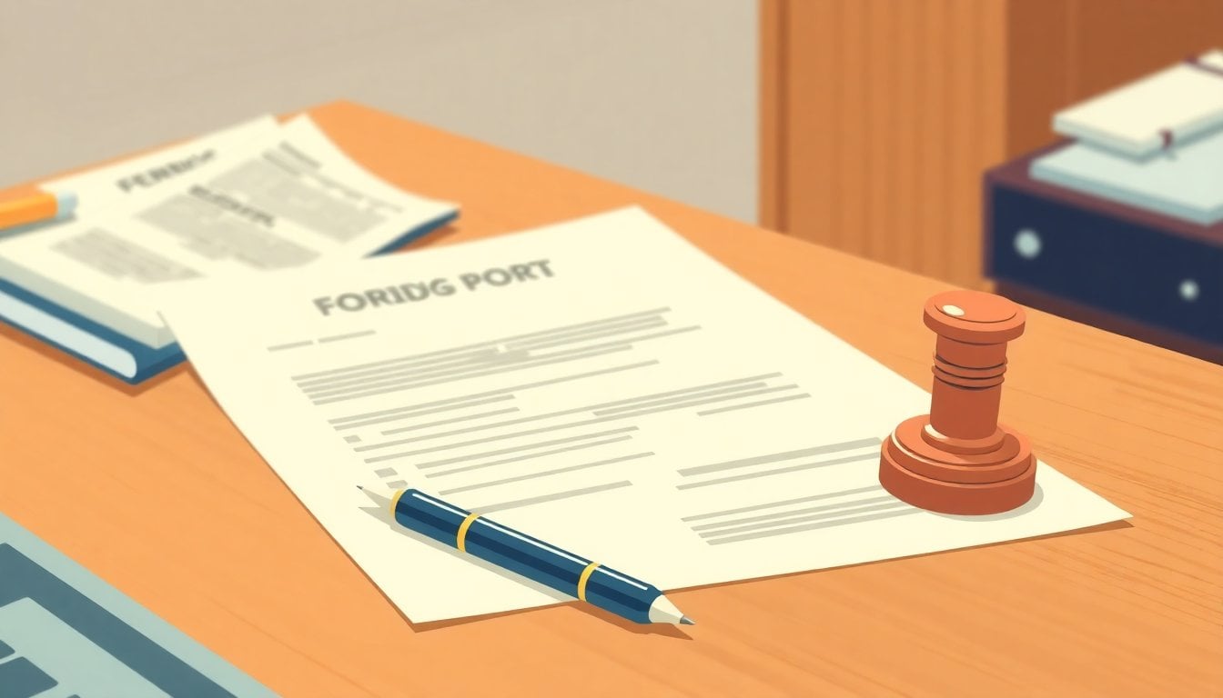 forensic report papers on a wooden desk with a legal stamp and pen, close-up, neutral office lighting, no people