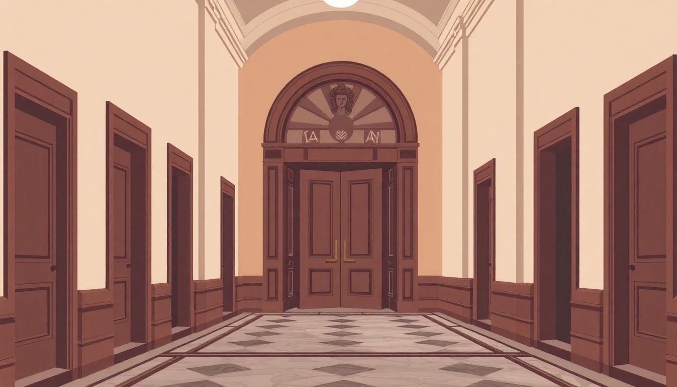 Argentine federal courthouse interior hallway with wooden doors and marble floors, Buenos Aires, no people visible