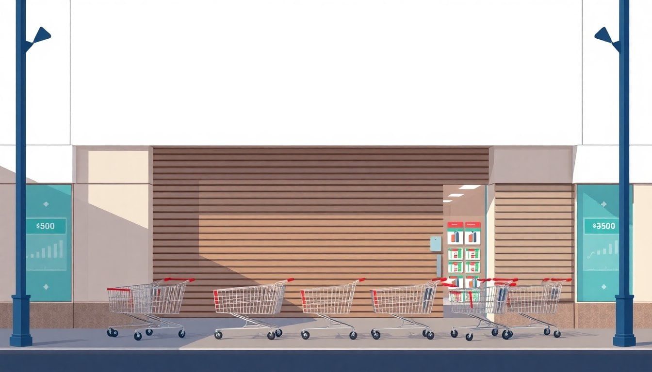 closed shopping mall entrance with metal shutters down, supermarket carts parked outside, Argentine retail street in daylight, no people visible