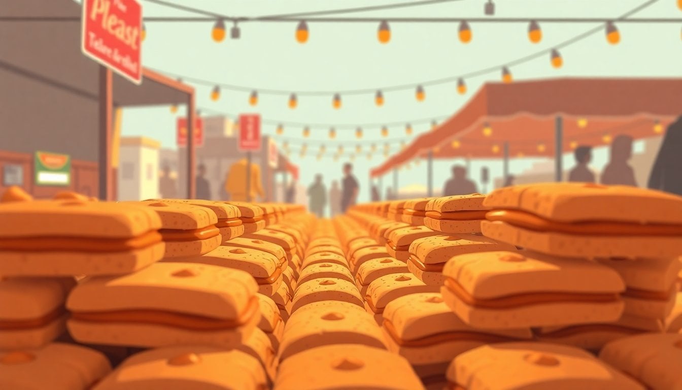rows of artisan alfajores with dulce de leche filling on display at a food fair in Buenos Aires, close-up, warm light