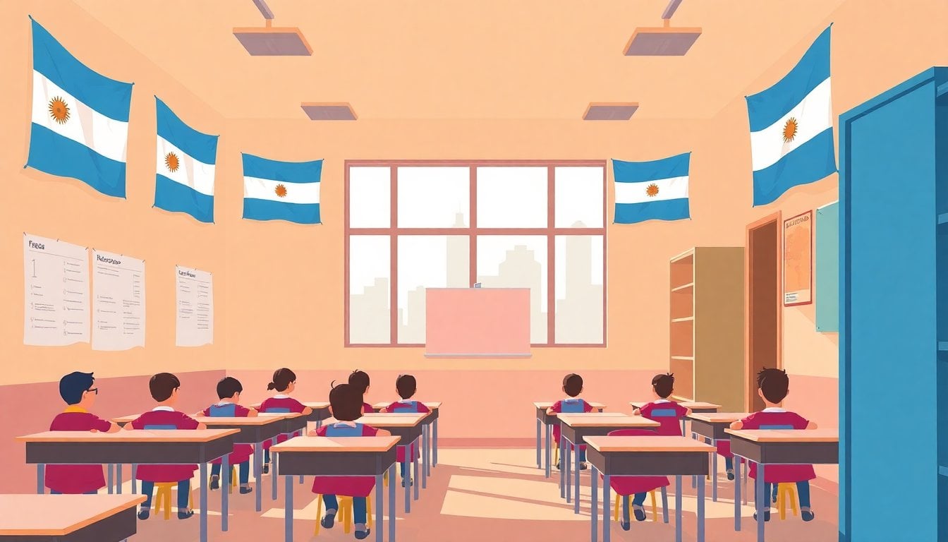 Argentine primary school classroom decorated with national flags, children sitting at desks, patriotic banners on walls, natural daylight