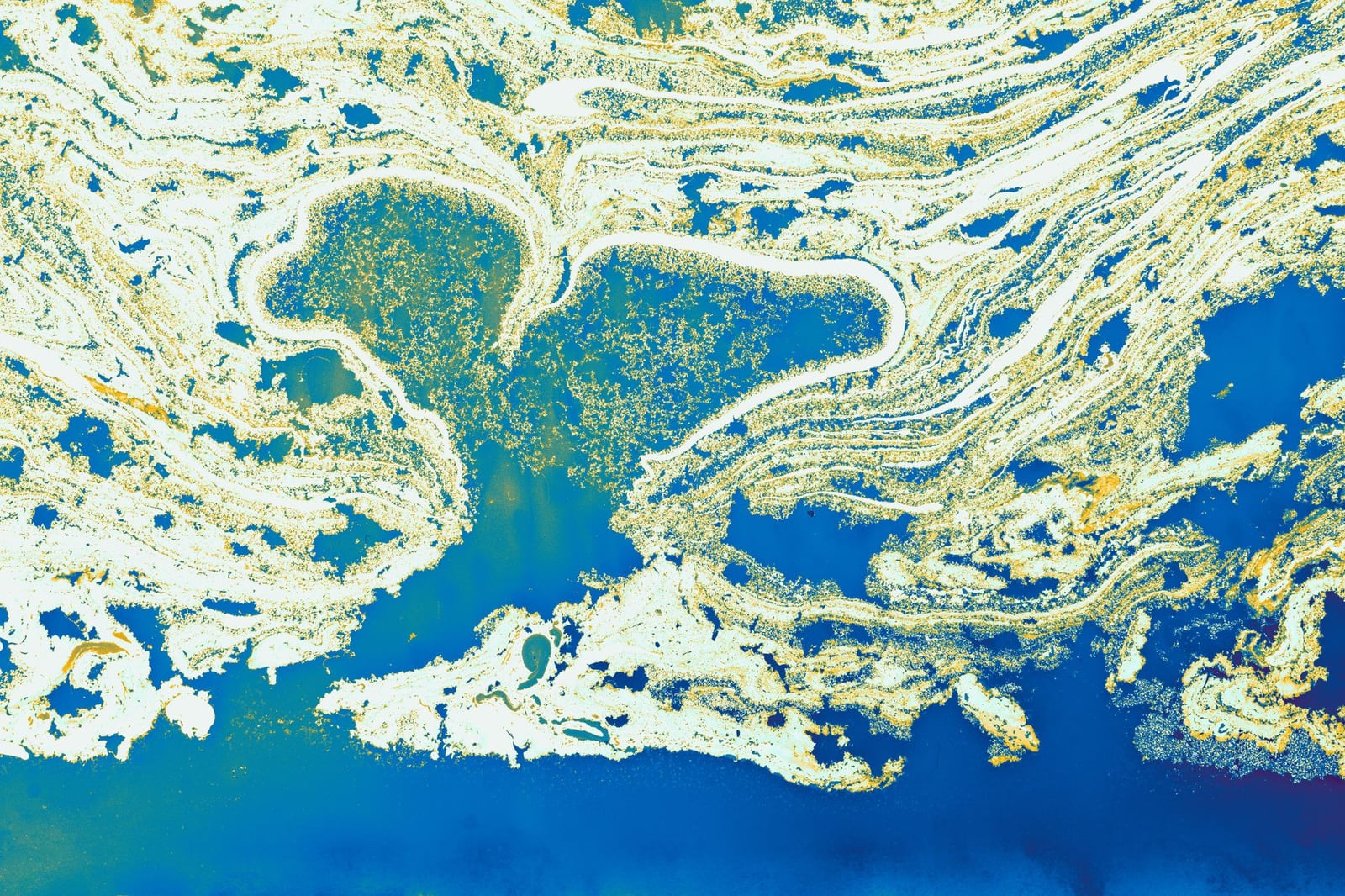 Intrincado patrón abstracto que se asemeja a un paisaje surrealista, con tonos azules y blancos.