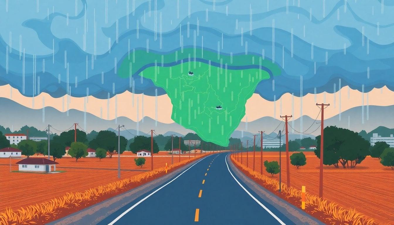 rainy weather map over Argentina with blue and green precipitation bands, dark storm clouds, rural flooded road in foreground, satellite-style view