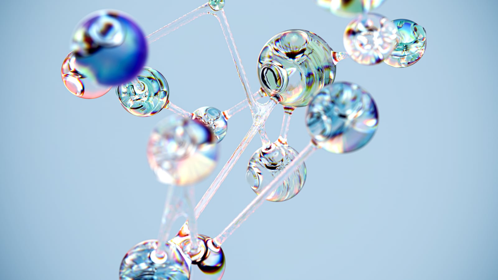 Estructura molecular fluida similar al vidrio en azul. Arte digital conceptual con un toque tecnológico.