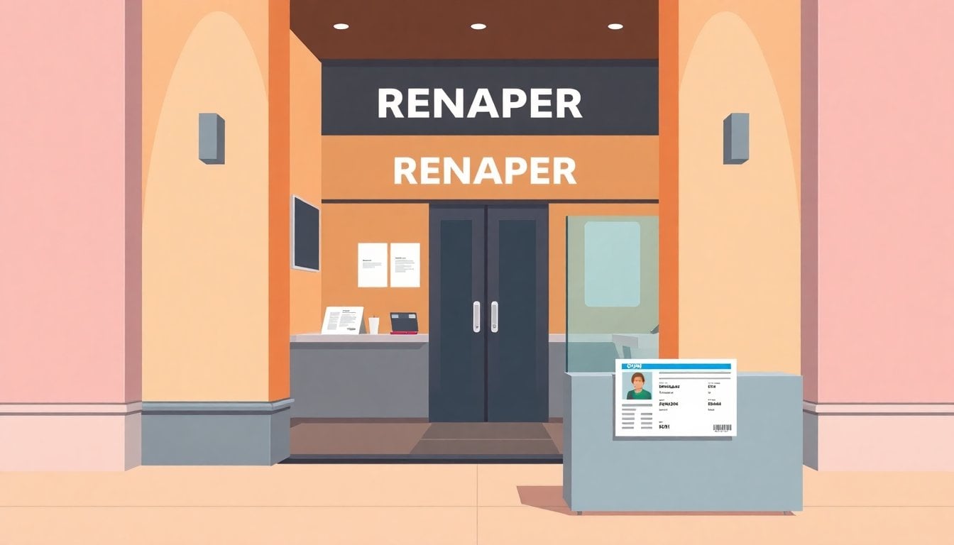 RENAPER office entrance Buenos Aires with Argentine identity document DNI on counter, administrative building interior