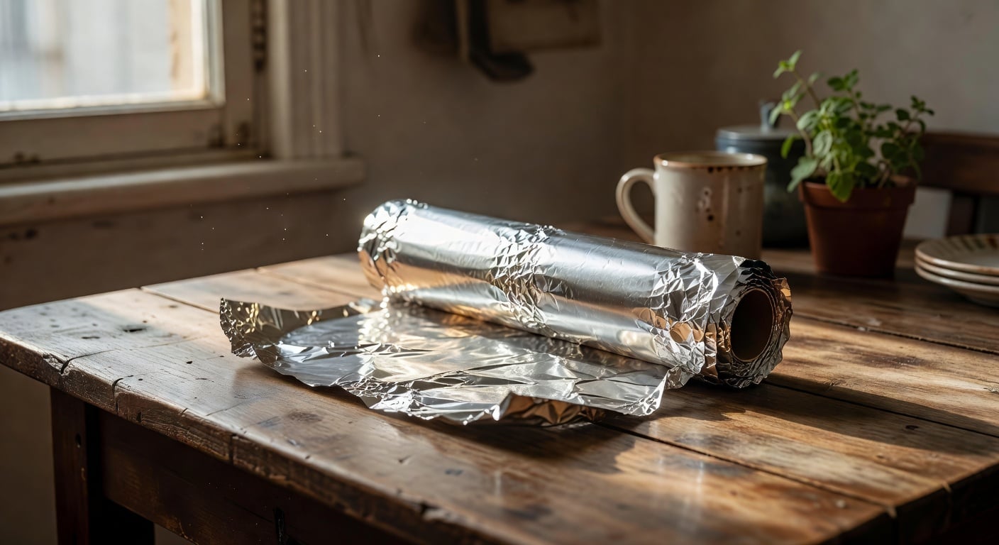 kitchen aluminum foil roll unrolled on wooden table, close-up, natural daylight, no people