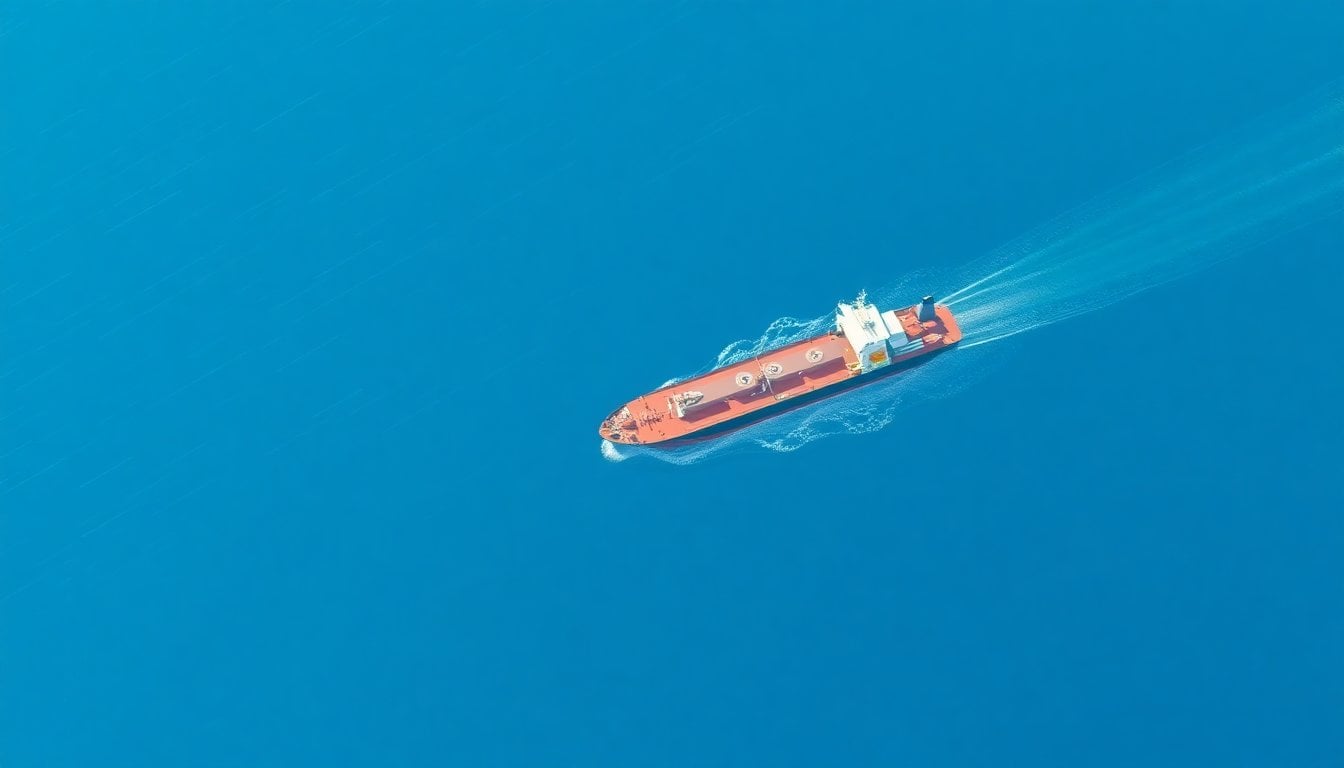 oil tanker ship passing through Strait of Hormuz, aerial view, blue sea, industrial vessel, daylight