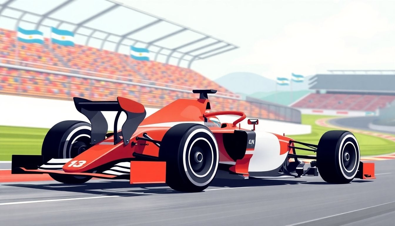 Formula 1 racing car on a circuit at high speed, blurred grandstands with Argentine flags in background, daylight