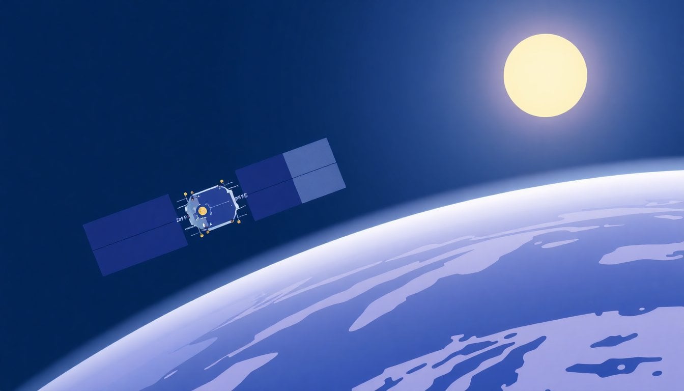 small satellite with reflective mirror panel deployed in low Earth orbit, Sun visible in background, Earth curvature below, space environment