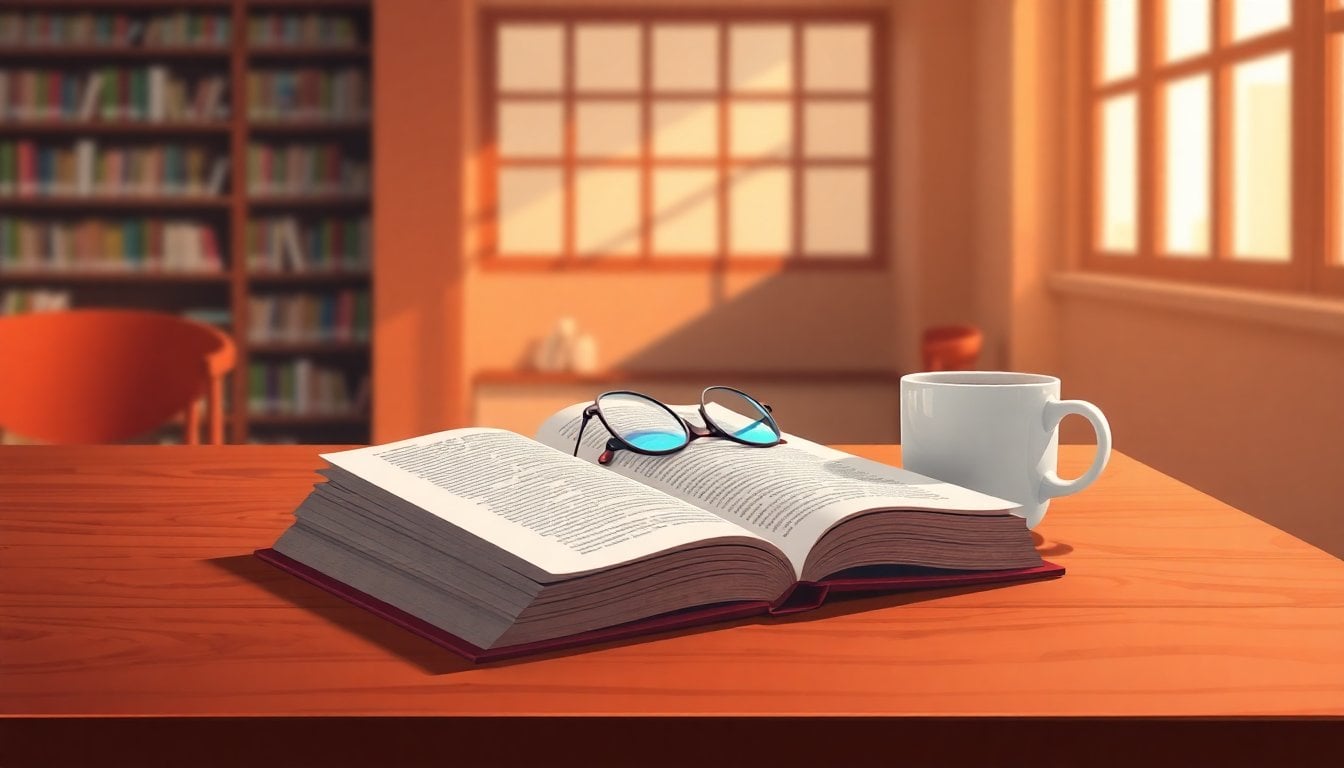 open neuroscience book on a wooden desk next to a coffee cup, reading glasses resting on the page, warm library light, shallow depth of field, no people