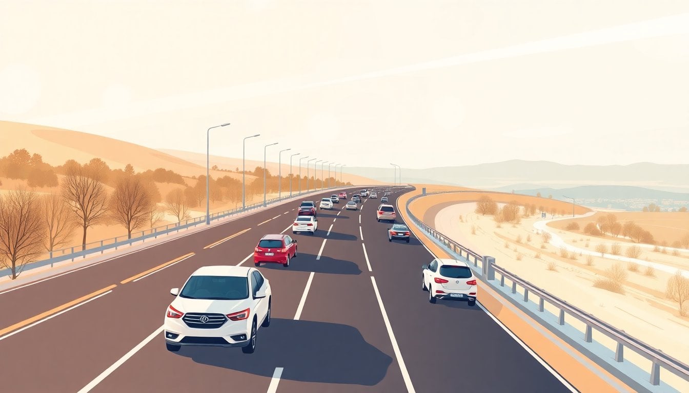 Argentine long weekend road traffic, cars on highway heading to tourist destinations, aerial view, clear winter sky