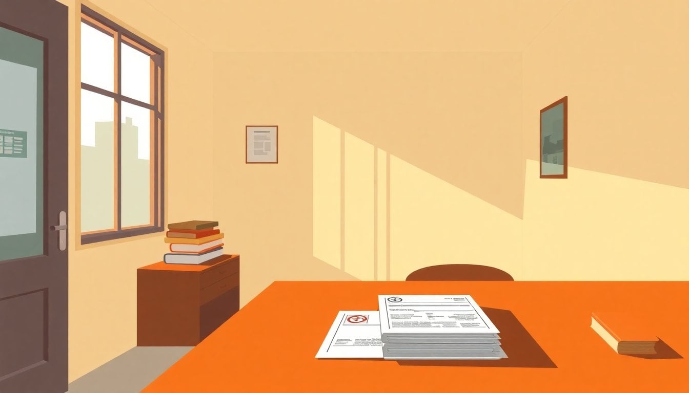 Argentine civil registry office interior, official documents and stamps on a wooden desk, natural light through window, no people visible