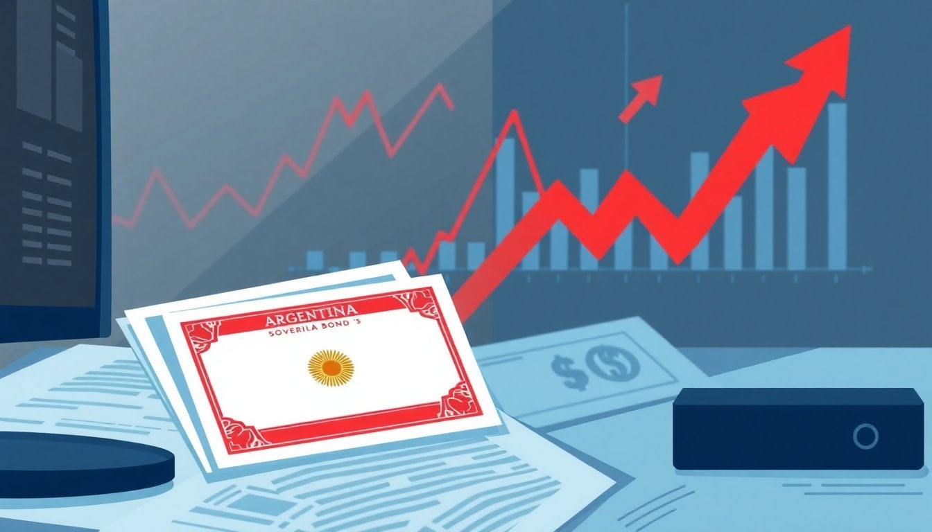 red Argentine sovereign bond certificates and a financial screen showing rising risk spread, dim trading desk, close-up