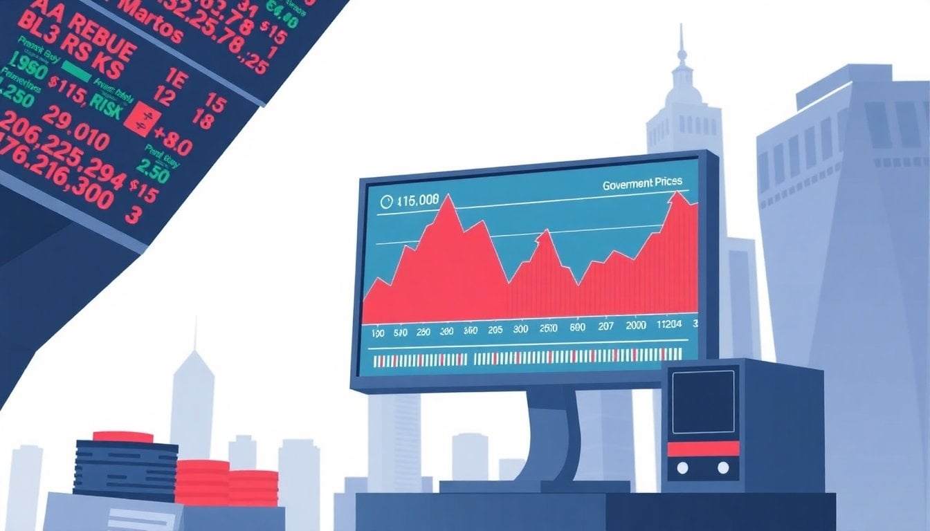 Buenos Aires financial district with stock market monitor showing red Argentine stocks, government bond yield charts, and a rising risk premium line on a screen
