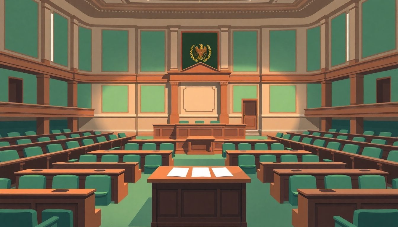 Argentine Senate chamber interior with green benches and wooden desks, legislative documents on a desk, soft daylight, no people in foreground