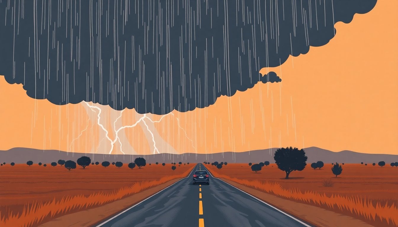 dark thunderstorm clouds over a rural Argentine plain with heavy rain curtains, lightning in the distance, wet road and scattered trees, no people visible