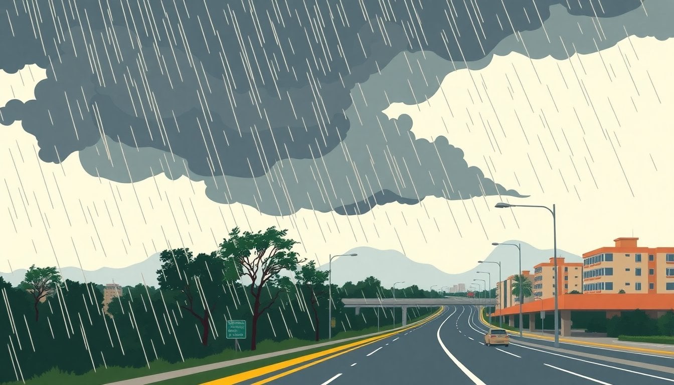 dark thunderstorm clouds over an Argentine highway, heavy rain and strong wind bending trees, warning weather mood, no people visible