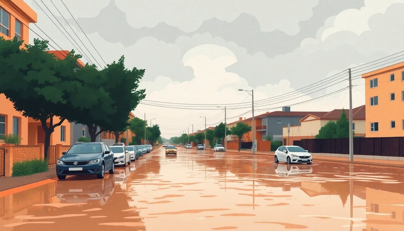 flooded residential street in northern Argentina after heavy rain, storm clouds overhead, muddy water, parked cars, no people visible