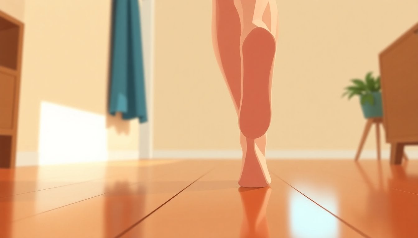 close-up of person standing on tiptoes on wooden floor, heels raised, calves visible, natural home light, no face shown