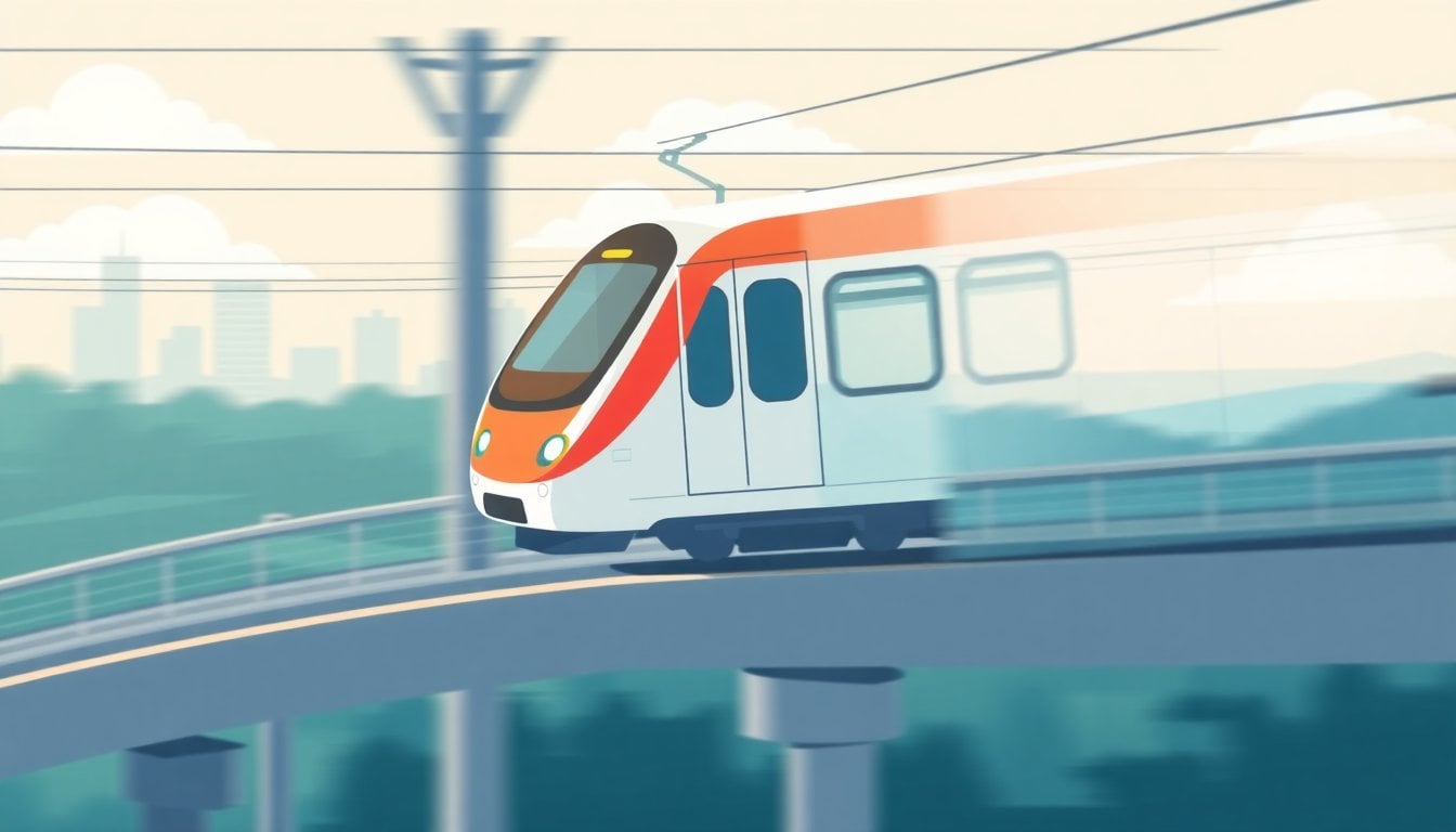 high-speed train on elevated track in Latin America, modern design, motion blur, no passengers visible, daylight