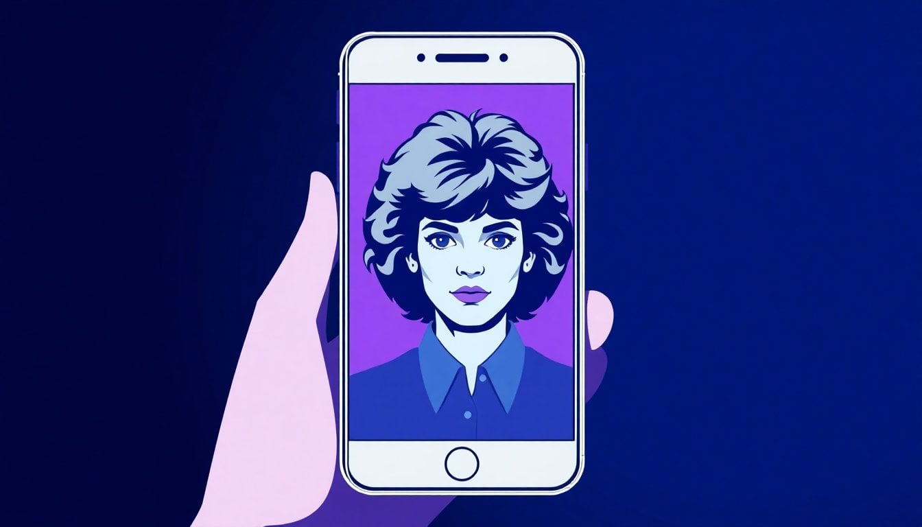 smartphone screen showing AI-generated 1980s style portrait photo with voluminous hair and retro studio background, close-up on screen, dark background