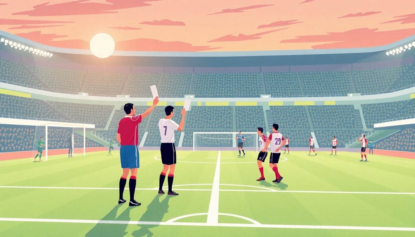 Argentine second division football pitch with referee cards and players arguing near the touchline, stadium stands in the background, evening light