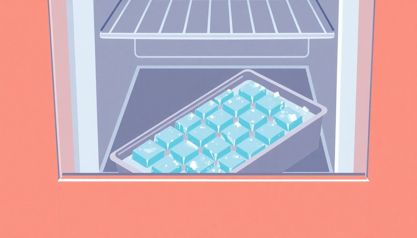 frozen ice cube tray inside open freezer drawer with condensation visible, close-up, no people