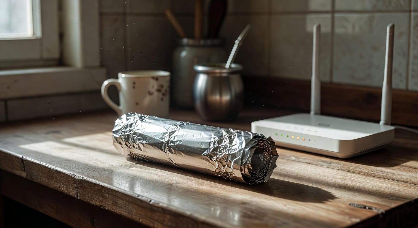 roll of aluminum foil on kitchen counter next to a wifi router, natural daylight, close-up, no people