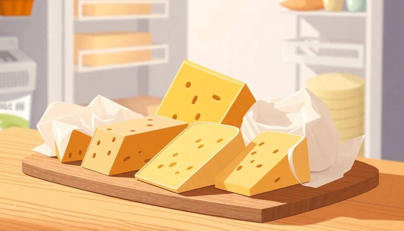 assorted Argentine cheeses wrapped in wax paper on a wooden cutting board, refrigerator interior background, natural light, close-up
