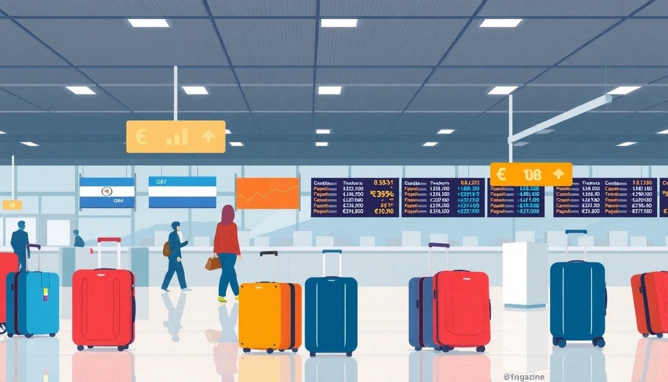 Argentine departure hall at an airport with suitcases, departure boards, and currency exchange sign, no close-up people in foreground