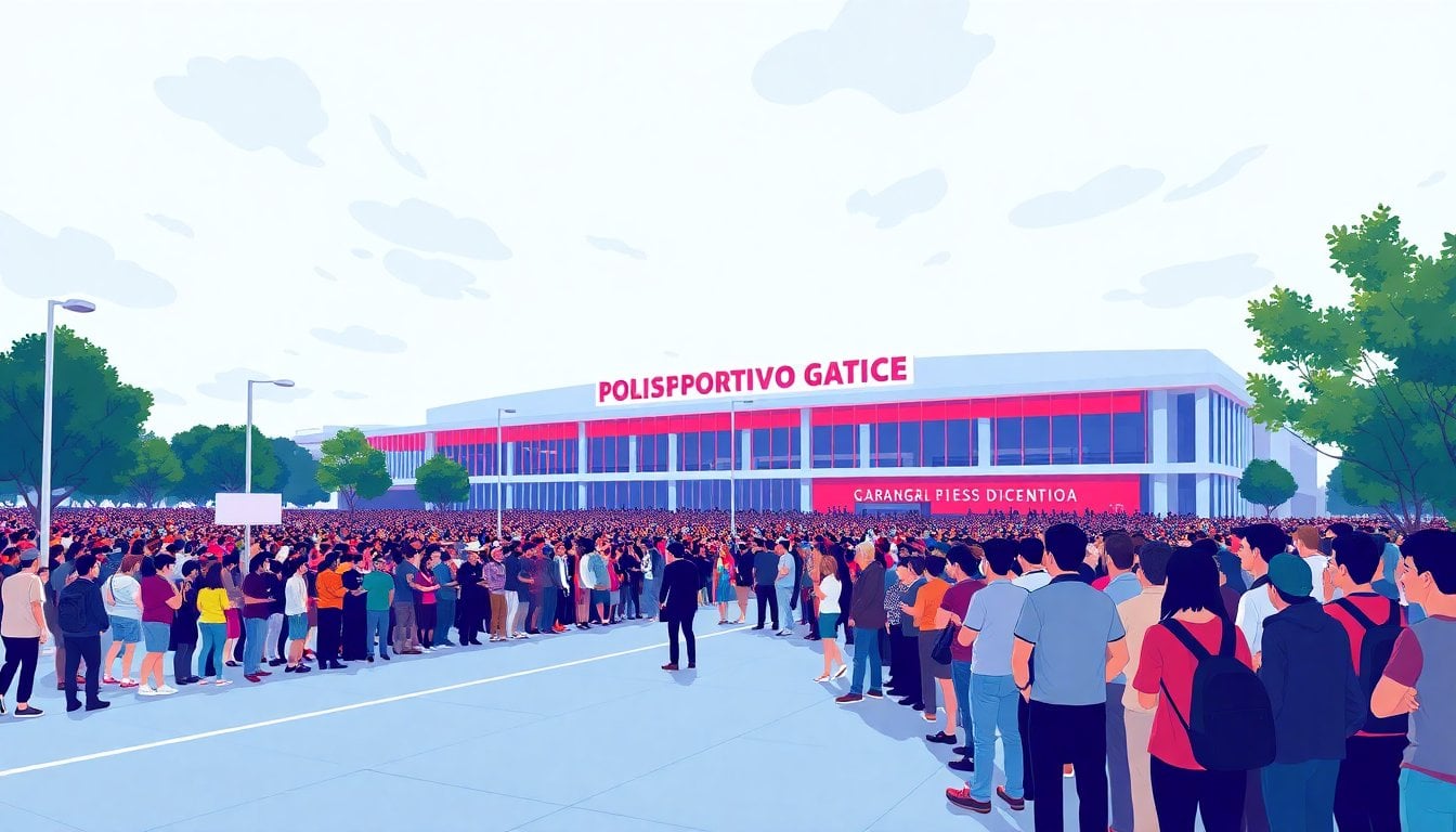 large crowd gathering outside Argentine sports venue Polideportivo Gatica Villa Domínico Avellaneda, people waiting in line, overcast day