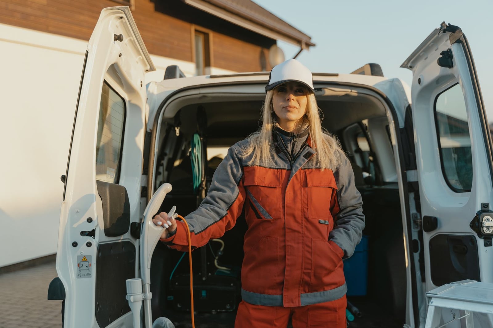 Trabajadora femenina en uniforme de pie junto a una furgoneta de servicio de limpieza al aire libre durante el día.
