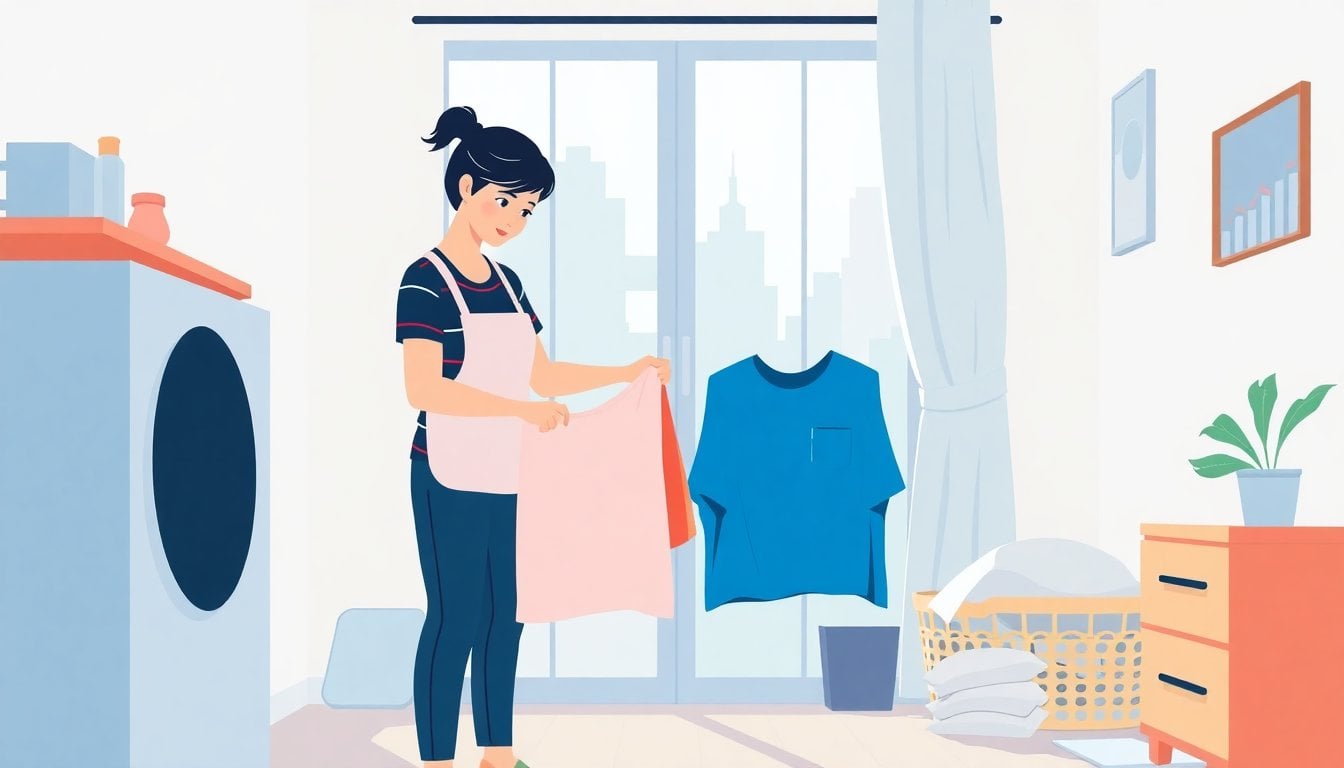 Argentine household worker folding laundry in a Buenos Aires home, natural interior light, no faces visible