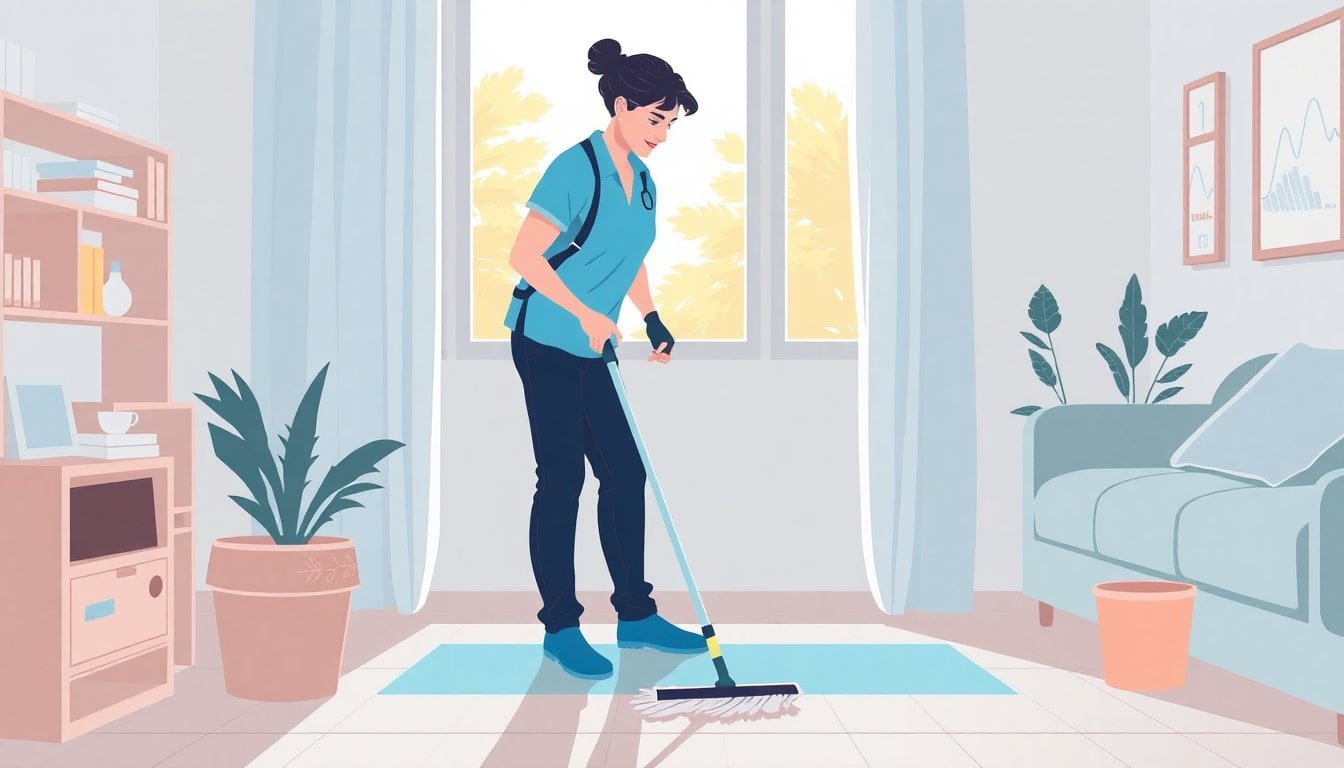 Argentine domestic worker cleaning a home interior, mop and cleaning supplies visible, natural light through window, no faces shown