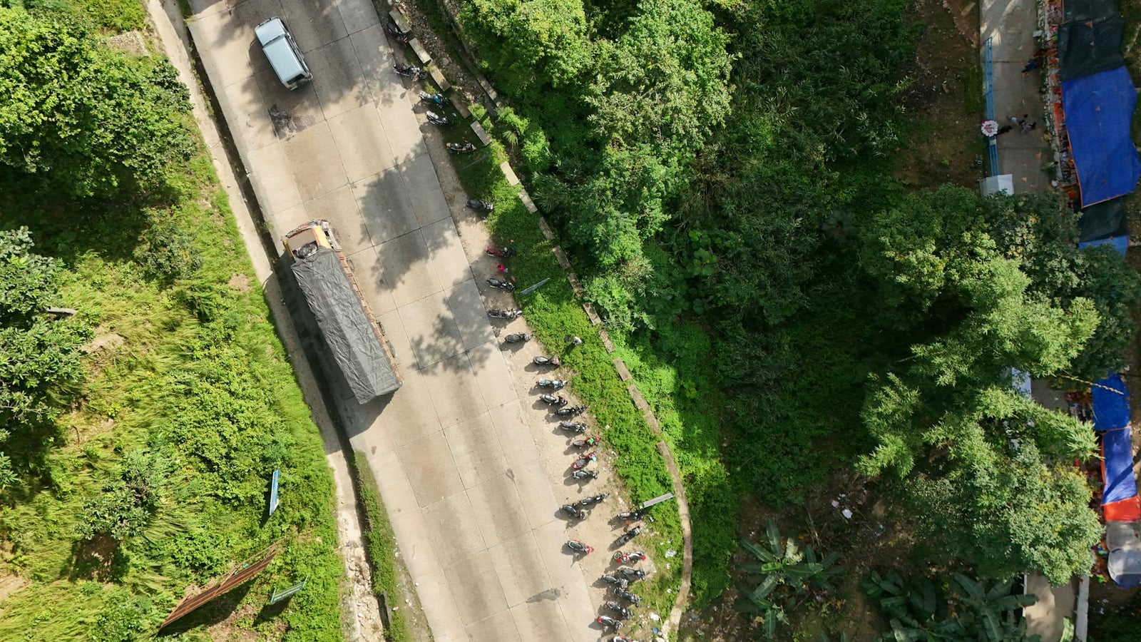 Toma aérea de una carretera con vehículos estacionados rodeados de exuberante vegetación, creando un paisaje sereno.