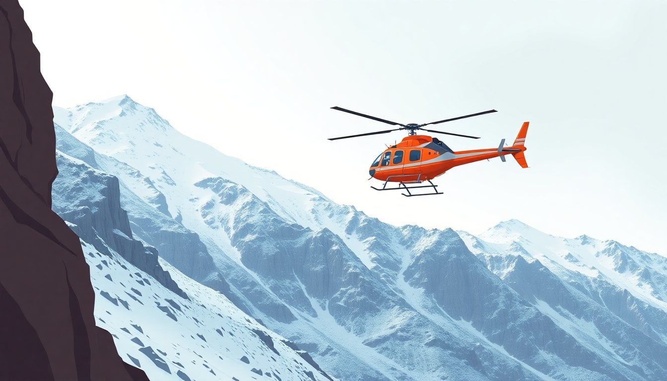 a rescue helicopter hovering near a snow-covered Andean ridge in Mendoza, rugged mountain terrain, emergency ropes and search equipment visible, overcast sky
