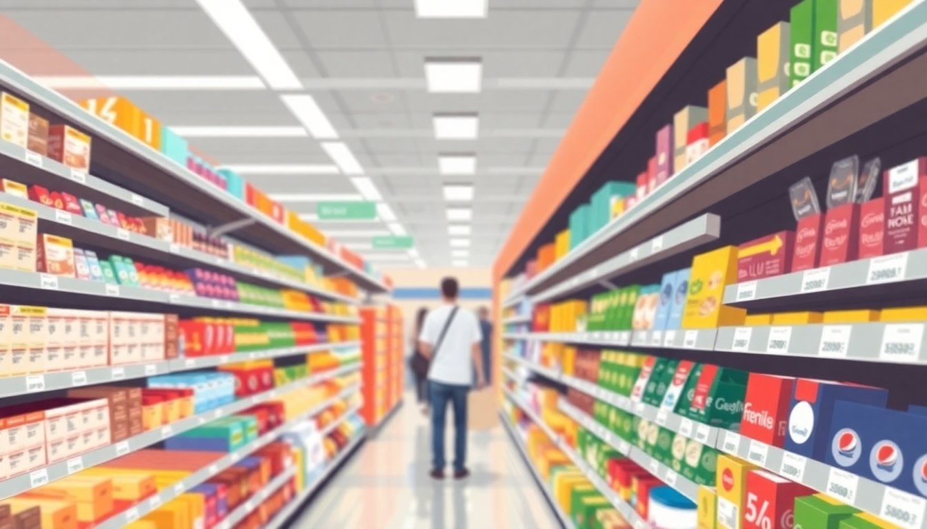 Argentine supermarket aisle with price tags on shelves and household goods, blurred shoppers in background, fluorescent lighting