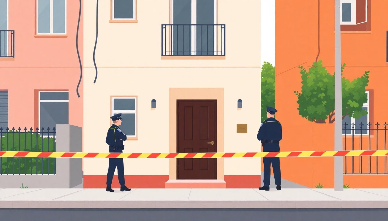 residential house facade in Mar del Plata Argentina with police tape blocking entrance, police officers in background, daytime