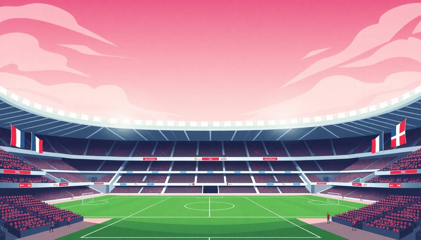 FIFA World Cup 2026 stadium exterior in United States, large modern arena with championship banners and international flags
