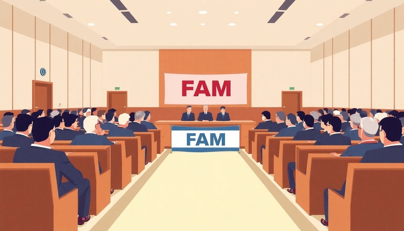 municipal assembly hall in Argentina with rows of seated mayors, FAM banner at the front, formal meeting room, daylight