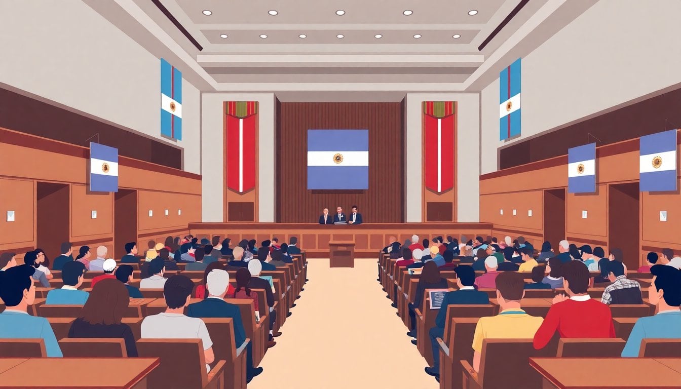 Buenos Aires province town hall meeting interior, rows of seated people, Argentine political banners on walls, mid-shot, natural light