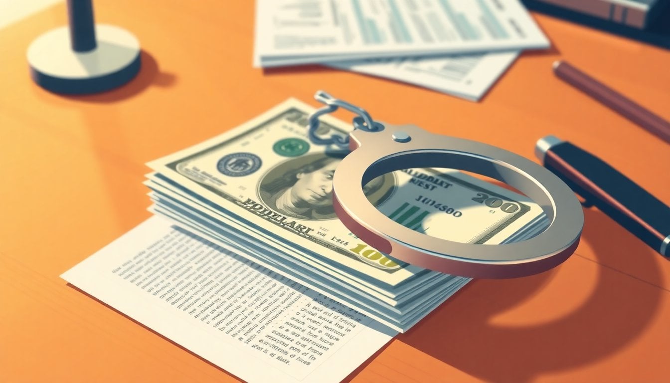 handcuffs resting on a stack of hundred dollar bills and financial documents, wooden desk, close-up, shallow depth of field, no people