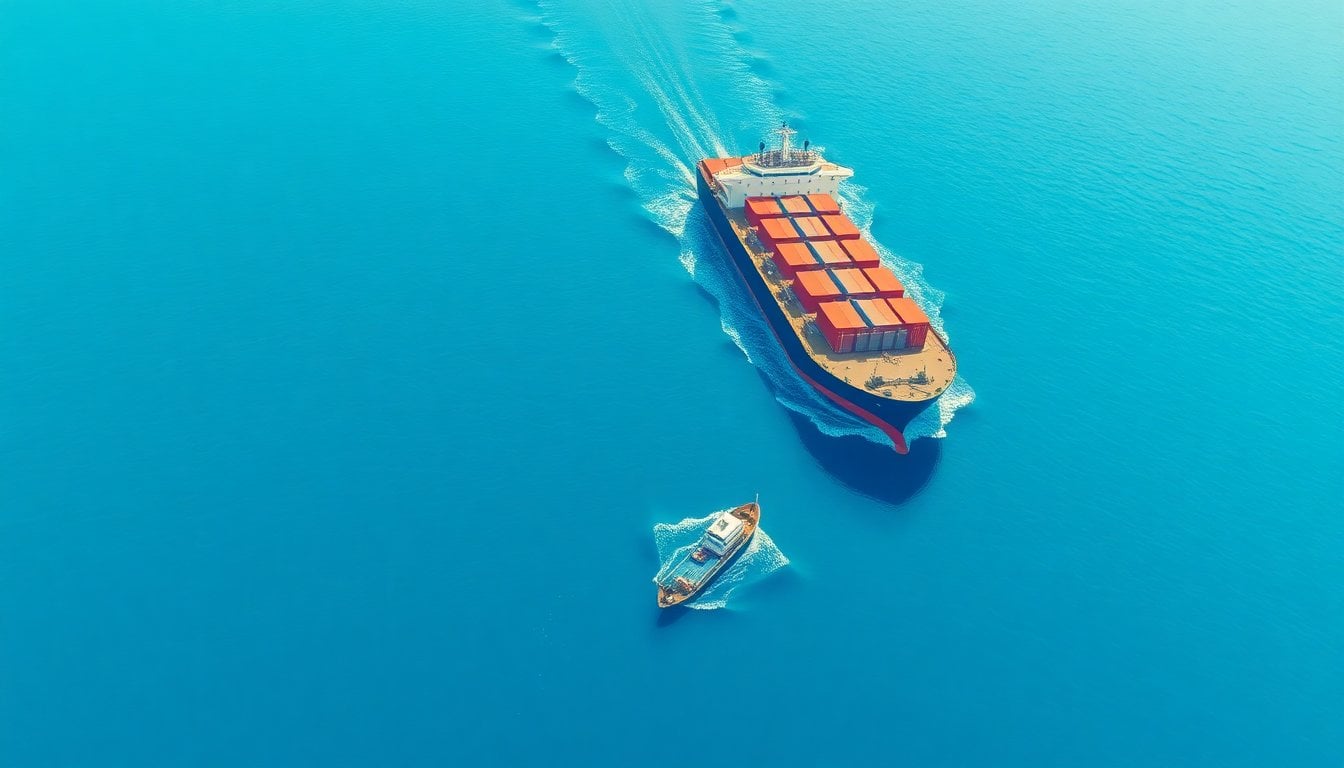 oil tanker ship sailing through narrow strait of Hormuz, aerial view, blue sea, no people visible, strategic waterway