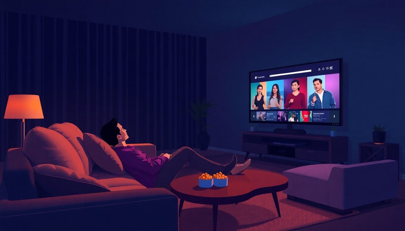 person relaxing on couch watching streaming series on large TV screen, dark living room with soft light, snacks on coffee table, no face visible