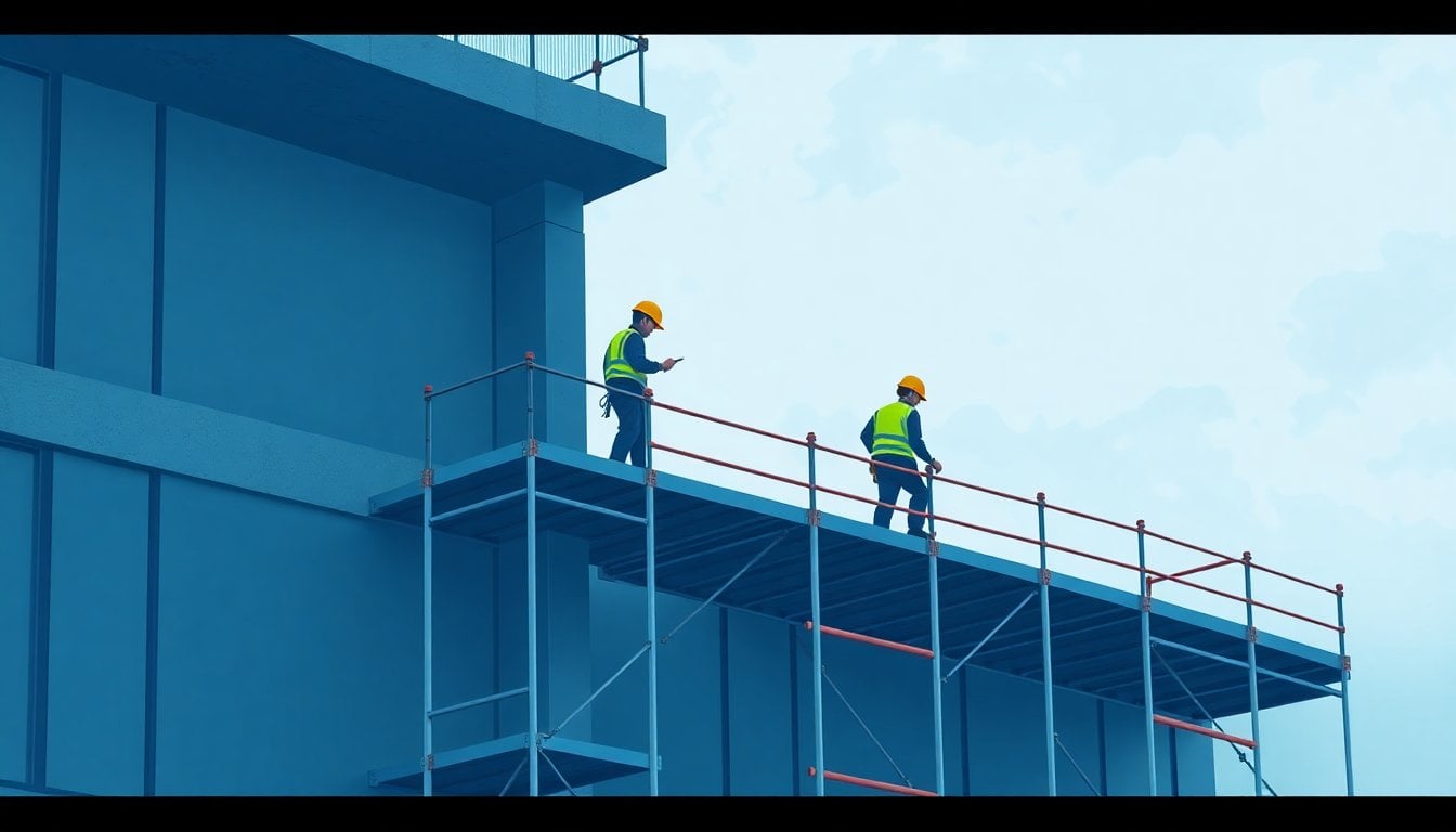 construction workers on scaffolding at a modern European building site, concrete structure, safety helmets, overcast sky, no faces visible